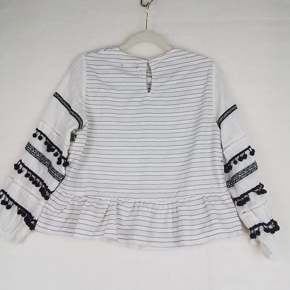 ZARA Boho Blouse Size Small in Black White Stipes w/ Pom Pom fringe‎ - Picture 6 of 11